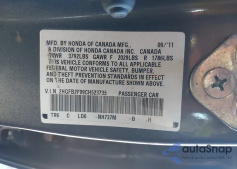 2012 Honda Civic Ex-L z USA, uszkodzony, nr VIN 2HGFB2F99CH523735